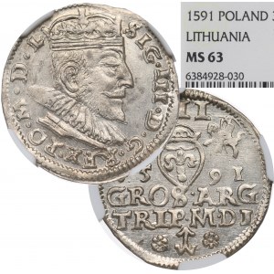 Zygmunt III Waza, Trojak 1591, Wilno - NGC MS63