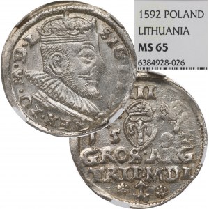 Zikmund III Vasa, Trojak 1592, Vilnius - Vzácné - NGC MS65