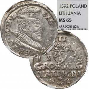 Zygmunt III Waza, Trojak 1592, Wilno - RZADKI - NGC MS65