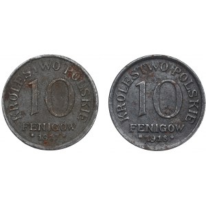 Poľské kráľovstvo, sada 10 fenigov z rokov 1917 a 1918 - deštrukčné číre zákruty