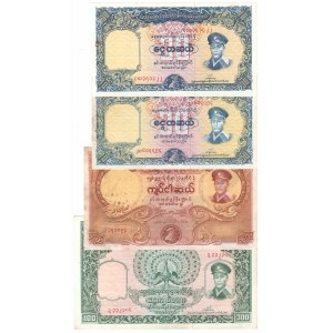 Barma, sada štyroch bankoviek v hodnote 10 - 100 kyatov