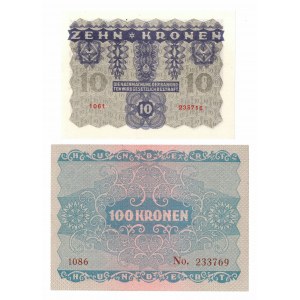 Austria, 10, 100 koron 1922, zestaw 2 szt