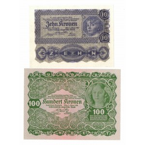 Austria, 10, 100 koron 1922, zestaw 2 szt