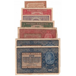 II RP, Set of 1, 5, 20, 100 Polish marks 1919, 50 gr 1924 set of 7 pcs.