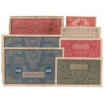 II RP, Set of 1, 5, 20, 100 Polish marks 1919, 50 gr 1924 set of 7 pcs.