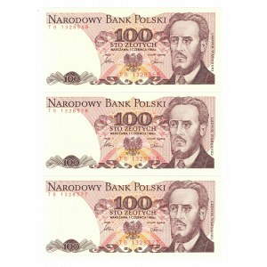 PRL, 100 złotych 1986 TB - zestaw 3 egzemplarzy