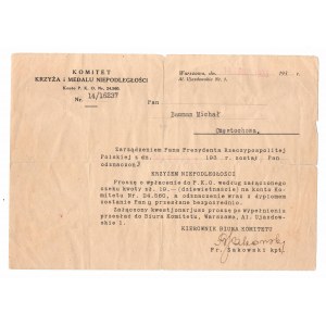 II RP, Informacja o odznaczeniu Krzyżem Niepodległości
