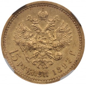 Rosja, Mikołaj II, 15 rubli 1897 AГ - NGC AU58