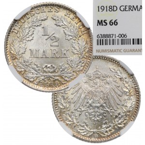 Germany, 1/2 mark 1918 D - NGC MS66