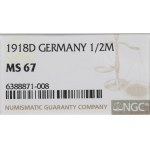 Nemecko, 1/2 marky 1918 D Mníchov - NGC MS67