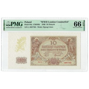 GG, 10 zlatých 1940 L Druhá světová válka Londýn Padělek - PMG 66 EPQ