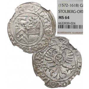 Nemecko, Stolberg-Ortenberg, groš (3 krajcary) bez dátumu (1605) - NGC MS64