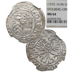 Niemcy, Stolberg-Ortenberg, Grosz (3 krajcary) bez daty (1605) - NGC MS64