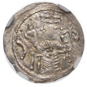 Boleslaw IV the Curly, Denarius, Emperor on the Throne - NGC MS62