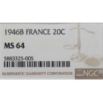 Francja, 20 centimów 1946 B - NGC MS64