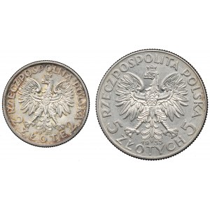 II RP, Zestaw 2 i 5 złotych 1933 Głowa kobiety