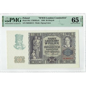 GG, 20 złotych 1940 - rzadsza seria N - WWII London Counterfeit - PMG 65 EPQ