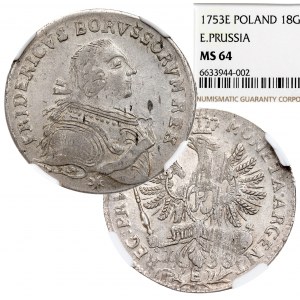 Kniežacie Prusko, Fridrich II, Ort 1753, Königsberg - NGC MS64