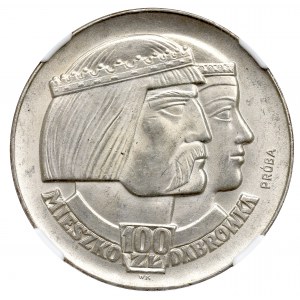 Poľská ľudová republika, 100 zlotých 1966 Mieszko i Dąbrówka Vzorka striebro - NGC MS64