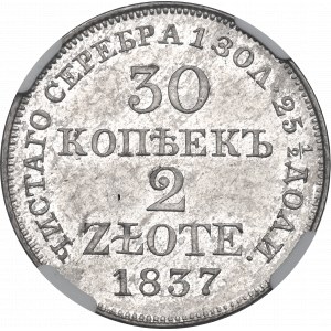 Zabór rosyjski, Mikołaj I, 30 kopiejek=2 złote 1837 MW, Warszawa NGC MS63
