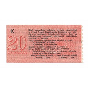 Łódź, Amt für Ältere Zg. Kupców, 20 Kopeken (1914) - Ausgeber gestempelt - K