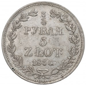 Zabór rosyjski, Mikołaj I, 3/4 rubla=5 złotych 1836 MW, Warszawa