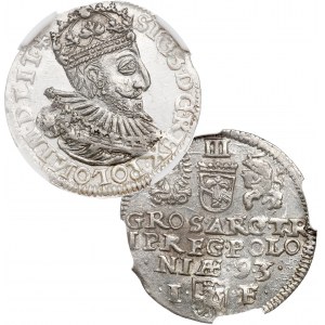 Zygmunt III Waza, Trojak 1593, Olkusz, ozdobna szata - NGC MS64 - RZADKOŚĆ