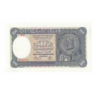 Słowacja, 100 koron 1940 - niski numer 152 ! perforacja SPECIMEN