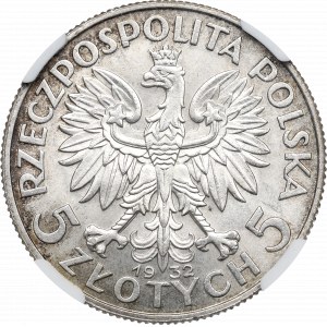 II RP, 5 złotych 1932 BZM Głowa kobiety - NGC MS64