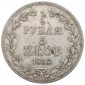 Poland under Russia, Nicholas I, 3/4 rouble=5 zloty 1838 MW