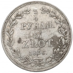 Poland under Russia, Nicholas I, 3/4 rouble=5 zloty 1836 MW, Warsaw