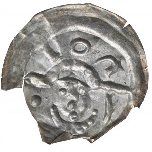 Henryk I Brodaty lub Henryk II Pobożny, Wrocław, brakteat, głowa pod napisem IOH - RZADKI