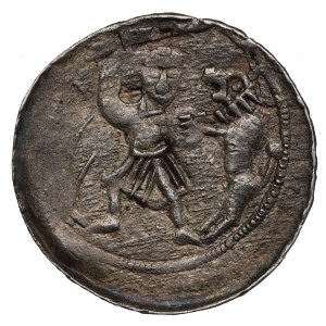 Ladislaus II. der Verbannte, Krakau, Denar, Kampf mit Löwe, Inschrift rückwärts LDIZLAVS