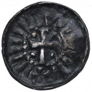 Słowianie(?), denar krzyżowy XIw., kapliczka i pionowe kreski