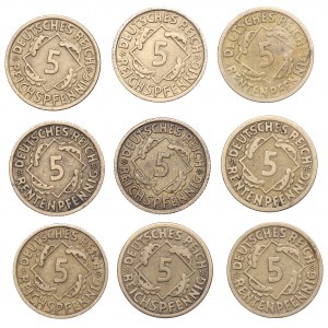 Niemcy, Zestaw 5 fenigów 1923-36