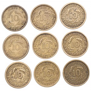 Německo, sada 10 fenigů 1924-36
