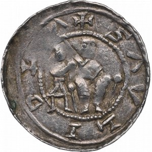 Władysław II Wygnaniec, Kraków, denar, walka z lwem, napis wspak VLDIZAVS oraz krzyż
