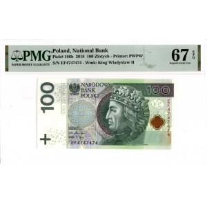 100 złotych 2018 EF - PMG 67EPQ - RADAR 4747474 !!!