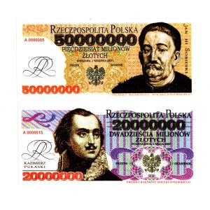Vzory sběratelských bankovek v hodnotě 20 a 50 milionů 2007
