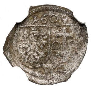 Žigmund III Vasa, denár 1609, Wschowa - NGC UNC Podrobnosti