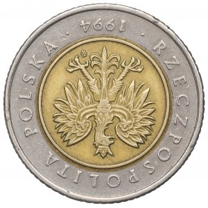 III RP, 5 złotych 1994 - destrukt odwrotka 180 stopni