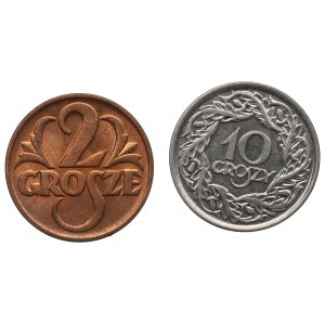 II RP, sada 2 grošů 1939 a 10 grošů 1923