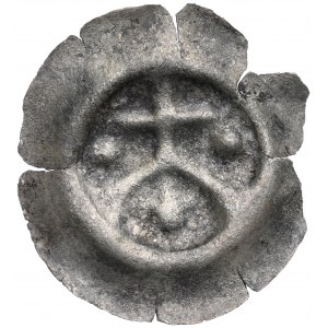 Nicht näher bezeichneter Bezirk, 13./14. Jahrhundert Brakteat, Kreuz auf Sparren mit Kugeln und Rosette darunter
