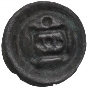 Kujavy/Mazovsko?, náramek ze XIV. stol., obdélník s obloukovitými stranami s kuličkami a tečkou - vzácný