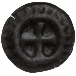 Śląsk, brakteat XIVw., krzyż prosty typu greckiego w promienistej obwódce - RZADKI