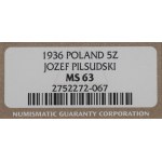 II RP, 5 Zloty 1936, Piłsudski - NGC MS63