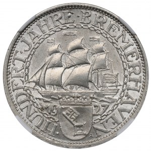 Deutschland, Weimarer Republik, 3 Mark 1927 A, 100-jähriges Jubiläum des Bremer Hafens - NGC MS64