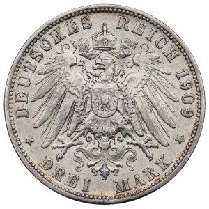 Nemecko, Württemberg, Wilhelm II, 3 marky 1909 F Stuttgart