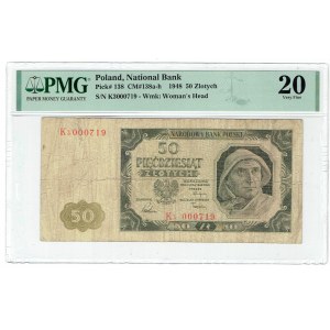 PRL, 50 Zloty 1948 K3 niedrige Nummer - PMG 20 RARE