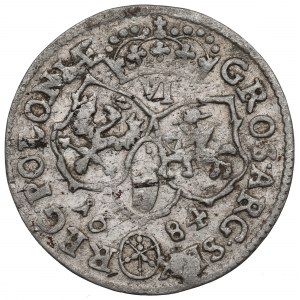 Ján III Sobieski, šesták 1684, Bydgoszcz - úzka hlava/koruna s 10 drahokamami na gombíkoch